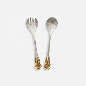 Juego de cubiertos con mango plano y extremo de piña de latón, barra de ensalada, buffet, juego de cubiertos con mango en espiral, chapado en plata - Product Image 1