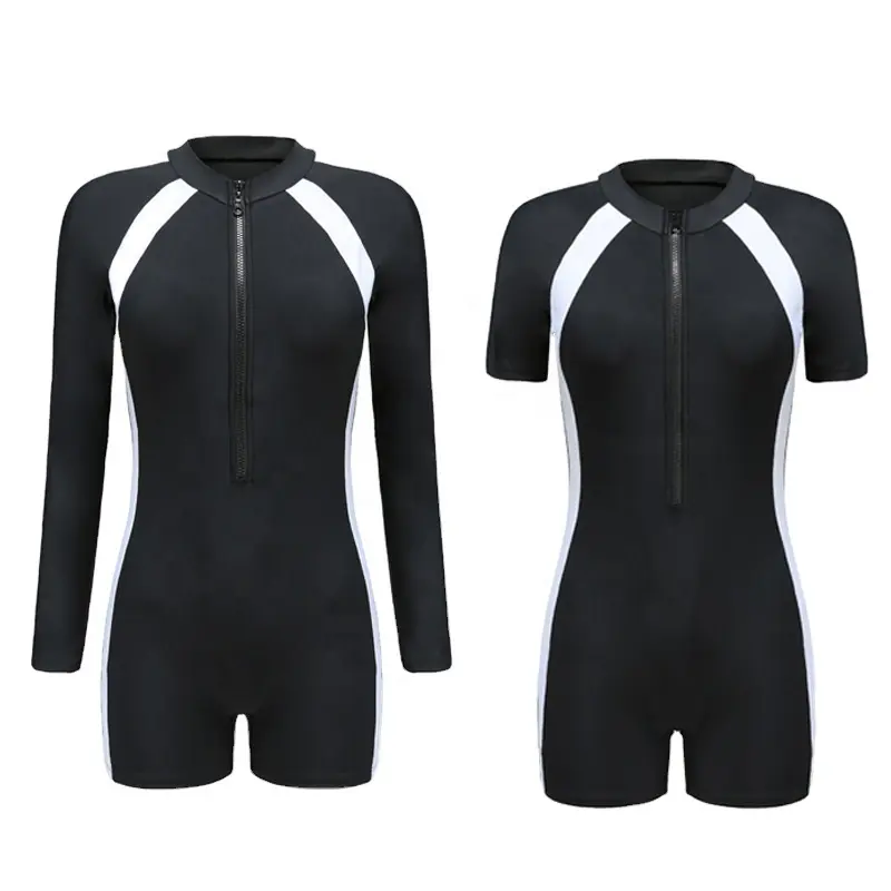 Maillot de bain une pièce noir, sexy, à manches courtes, pour femmes, haut, extensible, fermeture éclair, protection, vêtement de sport, tendance 2020