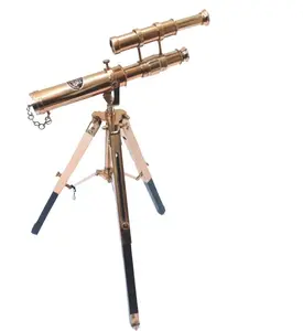Collectible 9" Antique Brass Telescope With Wooden Tripod Stand