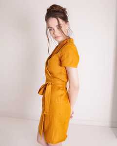Nuevo vestido de lino 100% color naranja, moderno y a la moda, de manga corta, para mujer, estilo formal y sexy, colección 2026. - Product Image 2