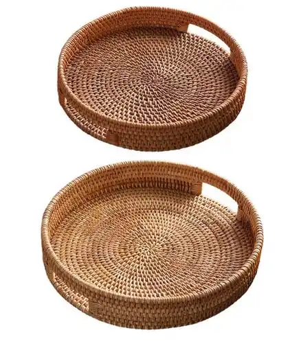 Round rattan serving trays with handles for food
