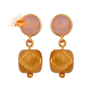 18k Gold Plated Designer <b>Silver</b> <b>Drop</b> <b>Earrings</b> Rose Chalcedony Gemstone <b>Earrings</b> Jewelry Manufacturer Vintage Collection - Product Image 1