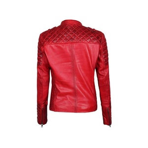 Women Quilted-Collar Red-Color Autumn Winter Ladies Bikers Breathable Longed Zippers Motorbike Leather Biker Jackets - Product Image 2