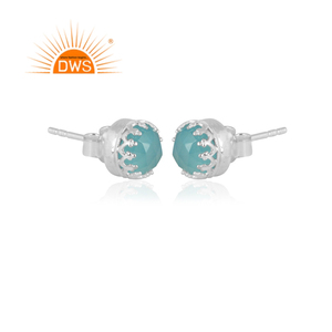 925 <b>Solid</b> Sterling <b>Silver</b> Women's Stud <b>Earrings</b> Jewelry Manufacturer Aqua Chalcedony Gemstone Round Shape <b>Earrings</b> Jewelry - Product Image 2