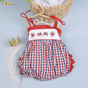 Venta al por mayor: Pelele de niña estilo burbuja con patrón americano, OEM ODM, ropa de bebé de manga corta 100% algodón orgánico, azul marino y rojo. - Product Image 2