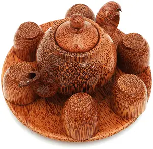 नारियल लकड़ी के प्राकृतिक चाय के बर्तन सेट लकड़ी चायदानी कप और तश्तरी सेट