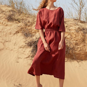 Maroon Linen A-Line Midi <b>Dress</b> O-Neck Short Sleeve <b>Elastic</b> Waist Regular Fit Formal Summer Woven Solid Color Breathable Cotton - Product Image 1