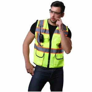 Colete de segurança com logotipo reflexivo, colete preto com 8 bolsos, frente com zíper, colete hi vis, roupa de trabalho