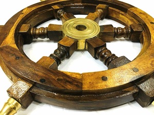 <b>Wooden</b> Ship <b>Wheel</b> Wood and Brass Nautical <b>Wheel</b> with Six Brass Nob 18 Inches with Brass Handle - Product Image 4