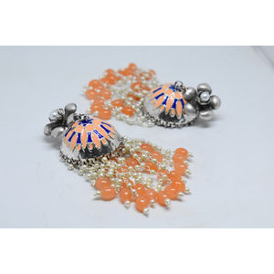 wholesale fashion jewellery meenakari <b>silver</b> look alike brass flower stud long beads <b>jhumka</b> hoop earing for girls and women - Product Image 2