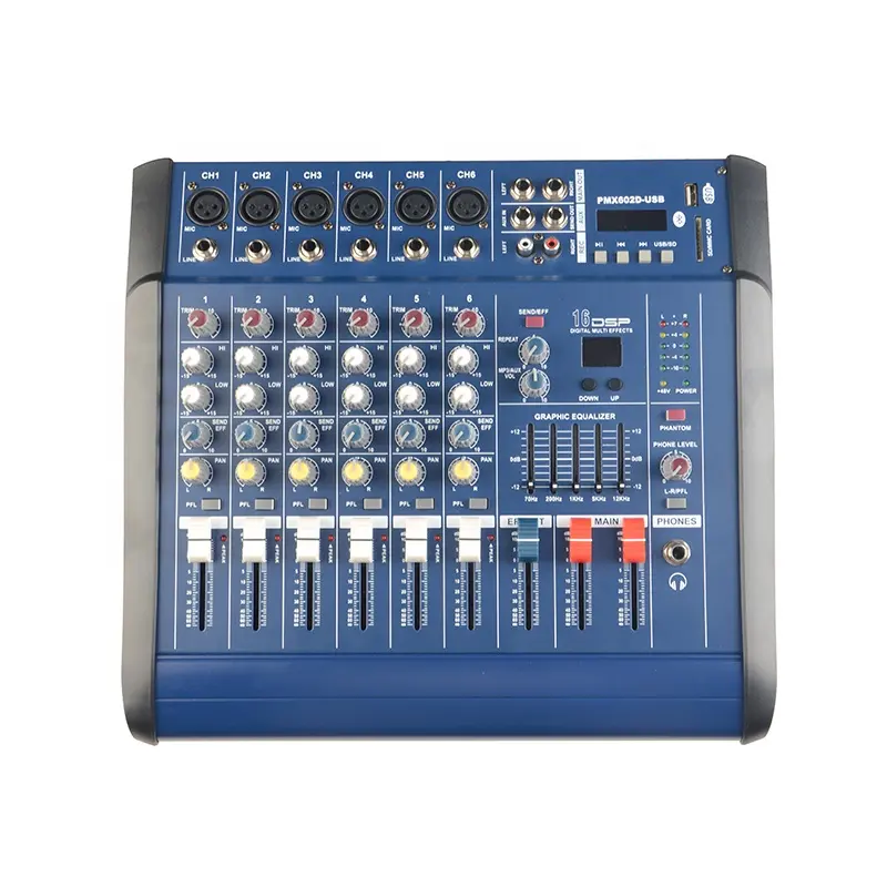 Konsol Mixing Mixer Suara Audio, Bertenaga Bluetooth, USB, 450W + 450W, 6 Saluran, dengan Amplifier Bawaan