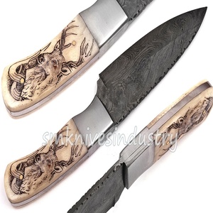 Custom Made Damascus Hunting Skinning <b>Knife</b> with Came <b>Bone</b> <b>Handle</b> Of Scrimshaw (Smk1323) - Product Image 3