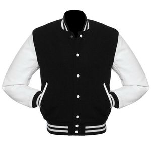 University Letterman Varsity Jacket Vestes en laine noire Manches en cuir véritable Blouson bombardier blanc - Product Image 1