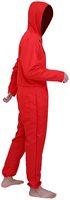 Combinaison formelle en denim rouge respirant avec broderie, perles et pompons, fermeture éclair