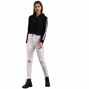 Top court à capuche pour femme, sweat-shirt féminin à la mode, couleur noire pure, cordon de serrage, manches longues, 2020 - Product Image 1