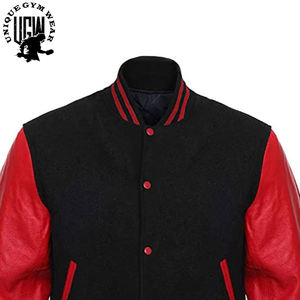 Custom White Wool <b>Varsity</b> <b>Jackets</b> Stand Collar Genuine <b>Black</b> Cow Leather Sleeves Coated Processing - Product Image 2