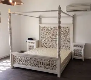 Intagliato In Legno di Testata Poster Letto A Baldacchino di mandala bianco letto letti