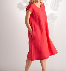 Nuevo Vestido Formal de Lino para Mujer, Última Moda en Tela Crepé, Cuello Redondo, Largo hasta la Rodilla, Manga Corta, Transpirable, Bordado, Corte Holgado - Product Image 4