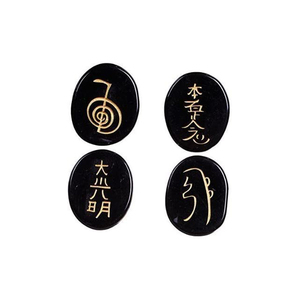 Ensemble de Reiki ovale en obsidienne noire avec artisanat en pierre semi-précieuse gravée - Product Image 1