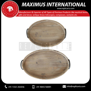 Juego de bandejas ovaladas rústicas de madera con asas de metal, bandeja decorativa para servir comida en la mesa de desayuno, la cafetera o la cocina. - Product Image 2
