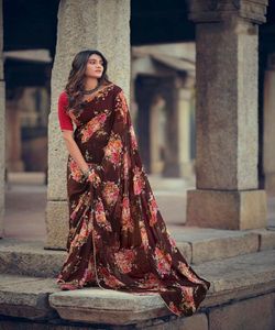 Vêtements de fête Designer brodé Net Soie Fleur Conception Indienne Dames Porter Orange Couleur Saree avec Blouse Pièce Perle Travail Sari Apparelgarment - Product Image 5