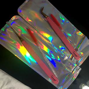 Juego de pinzas voluminosas de revestimiento de polvo sólido rosa con logotipo personalizado, pinzas de extensión de pestañas de acero inoxidable, pestañas de belleza con punta dorada - Product Image 5