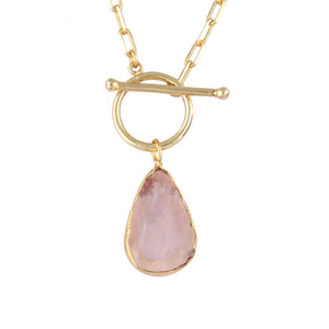Zeva Jewels 24k Gold Plated Rose Quartz Pendant <b>Necklace</b> Natural Rough <b>Birthstone</b> with Thick Rectangle Toggle Clasp for Wedding - Product Image 3