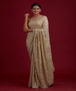 Sari de Diseño Bollywood con Espejos y Diseño Floral, Tela de Seda Suave, Estampado Digital, Color Granate, Blusa Sari, Lujo Indio para Bodas - Product Image 1