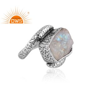 Anillo de plata de primera ley con piedra lunar para mujer, sortija, plata esterlina 925, piedra lunar, Arco Iris Natural, forma redonda, diseño hecho a mano - Product Image 3