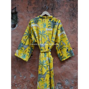 Vente en gros 100% coton Maxi peignoir robe jaune Kimono style Kantha Jungle sérigraphié à la main matelassé grande taille vêtements de salon - Product Image 6