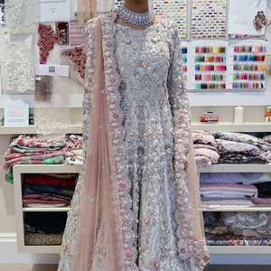 DESIGNER INDIAN/PAKISTANI LONG <b>TOP</b> LEHENGA DRESS Embellished DABKA, STONE GLASS BEADS Work for Wedding 2022 - Product Image 1