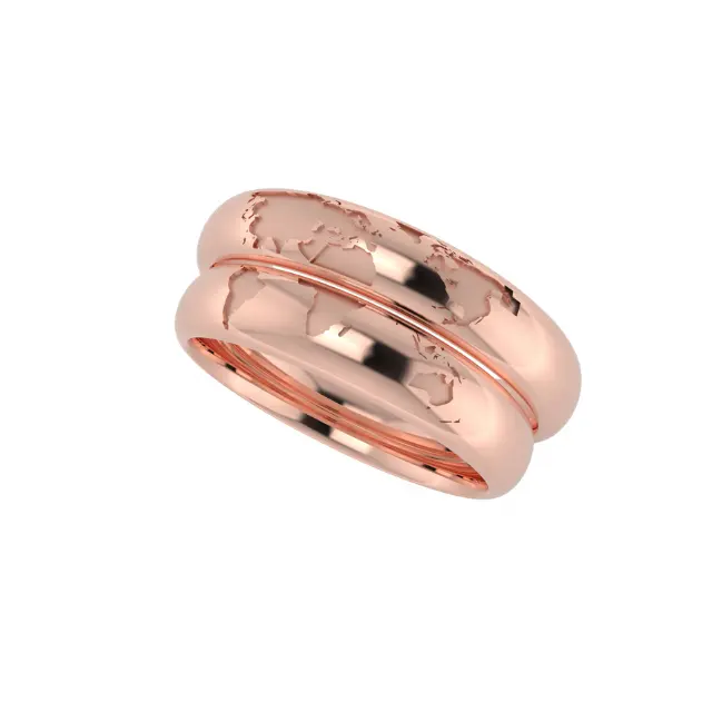 Anillo de oro rosa de 14 K y oro rosa de 18K, joyería de alta calidad italiana, dos anillos adicionales con la mitad del mapa del mundo en 9K