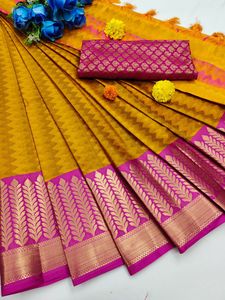 Saree de seda Jacquard de algodón con contraste, elegante, Pallu, tussle y Heavy Jacquard, blusa tejida de contraste, precio bajo - Product Image 3