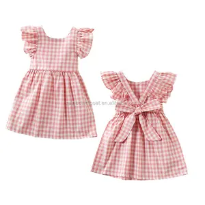 Kinderen Lente Zomer Kleding Kid Meisjes Cross Back Roze Geruite Katoenen Jurken Ruches Mouw Pinafore Frock