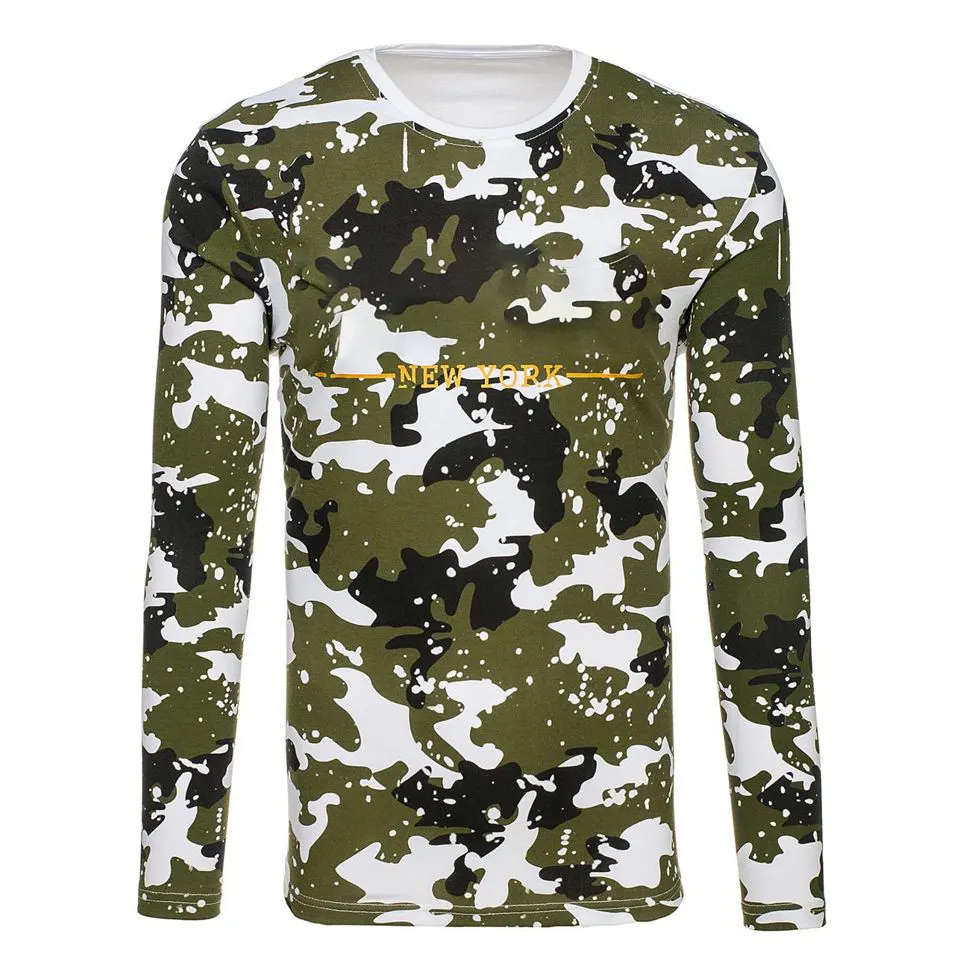 High quality New Men's Printed Long Sleeve Top White camo pattern well-fitted Crewneck Tee For Men