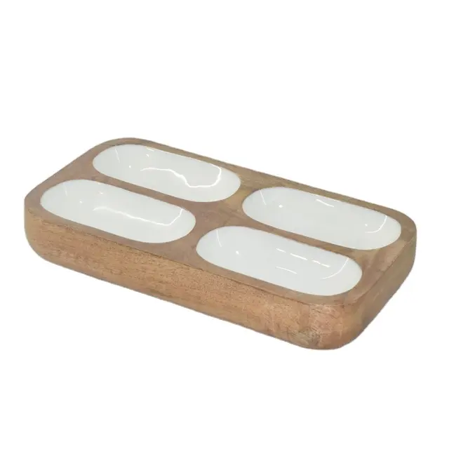 Made In India 4 Partition Wooden Dish With Enamel Kitchen Food Small Soy Compartment Plates 4 Divided Serving Dish