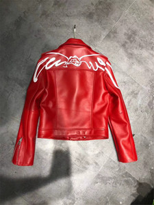 <b>Red</b> Pu Leather Moto <b>Jacket</b> Men Slim Fit Zipper Closure Turn-down Collar Short Length With White Letter Print On Sleeve - Product Image 2