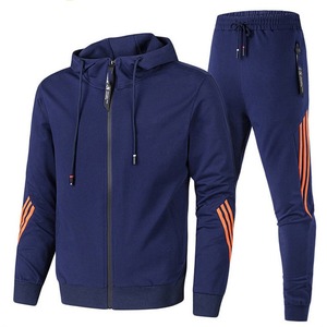 2021 Latest Design Men's Slim Fit Tracksuit With Drawstring Hoodie & Front Zipper Men's Side Stripe Front Zip Hooded Sweatsuit - Product Image 2