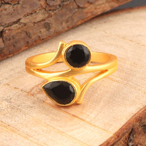 Anillo de piedras preciosas de ónix negro natural chapado en oro pulsera ajustable anillo de piedra Doble - Product Image 3