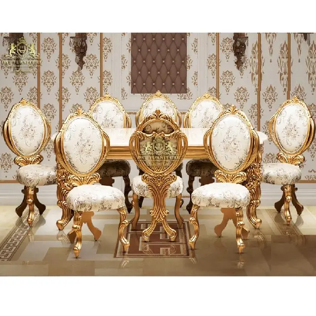 Classic Carved White Gold Dining Table Set Gold & White Double Shade 8 Seater Dining Set Luxury Cross Legged Dining Chair Table