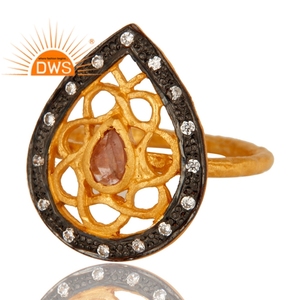 Anillo de turmalina de diseño con forma de pera, de plata de ley chapada en oro amarillo, anillo de cóctel, joyería al por mayor - Product Image 2