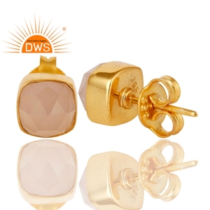 Nouvelles boucles d'oreilles en chalcédoine rose, plaquées or 14 carats, argent 925, forme coussin, boucles d'oreilles à clous, fournisseur de bijoux, collection classique - Product Image 3