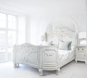 Beyaz yatak için yatak odası takımı antika tasarım katı ahşap güzel oyma karyola iskeleti otel mobilya