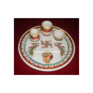 Rajasthani Art Work Marble Gold Painted Pooja Thali For Decoration, Marble Puja Plate