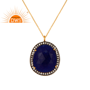Pendentif en Aventurine Bleue et Zircon, Bijoux en Gros, Plaqué Or 14 carats, Argent 925, Collier, Collection Classique - Product Image 1