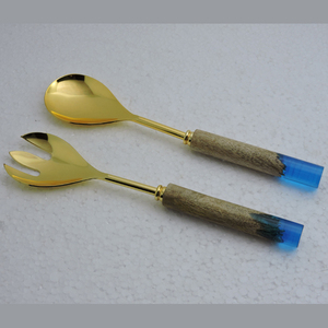 Resin & Wood Handle Gold Plated Latest Design Salad <b>Server</b> for Household Kitchen Cutlery Product Luxury Glossy Gold Salad <b>Server</b> - Product Image 2