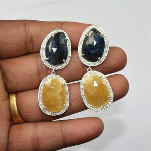 Pendientes de piedras preciosas de zafiro azul y amarillo Natural, pendientes de boda de Plata de Ley 925 largos para proveedores al por mayor - Product Image 1
