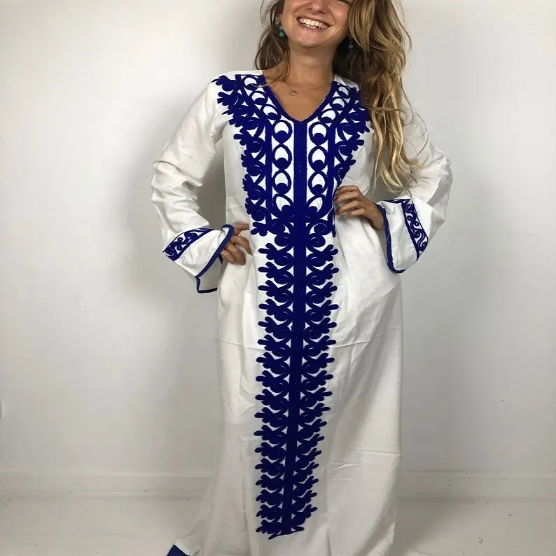 Shiny White Bohemian Maxi Kaftan Dress With Long Sleeve And Pretty Blue Embroidery Perfect Autumn Wear Beautiful Kaftan Dress
