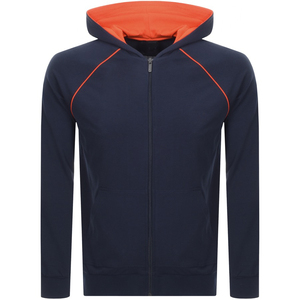 Men's <b>Navy</b> Blue Hooded Zip-Up <b>Sweatshirt</b> With Orange Trim Raglan Sleeve Casual Fit Knitted Polyester Autumn Wear - Product Image 1