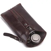 New Design Genuine Leather Zipper Coin Pocket Purse Car Key Case Holder Keychain Wallet Dark Brown